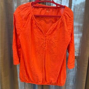Sonoma Vibrant Orange Blouse with Embroidery size S cottage core knit shirt top
